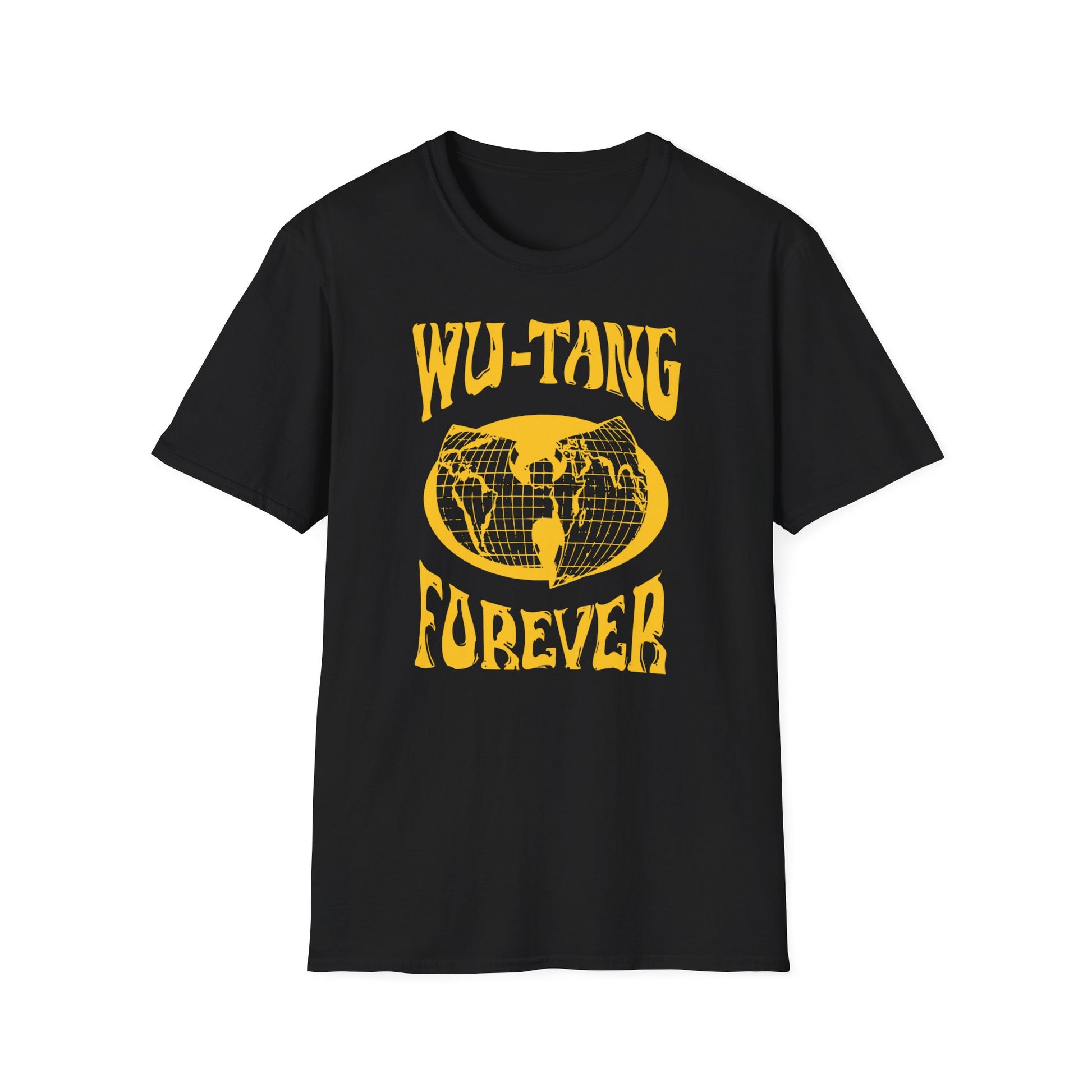 Black t-shirt with yellow Wu-Tang Forever graphic and world map emblem.