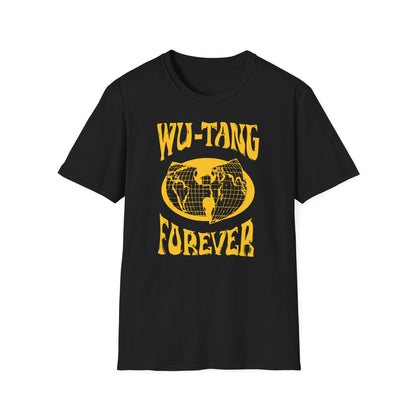 Black t-shirt with yellow Wu-Tang Forever graphic and world map emblem.