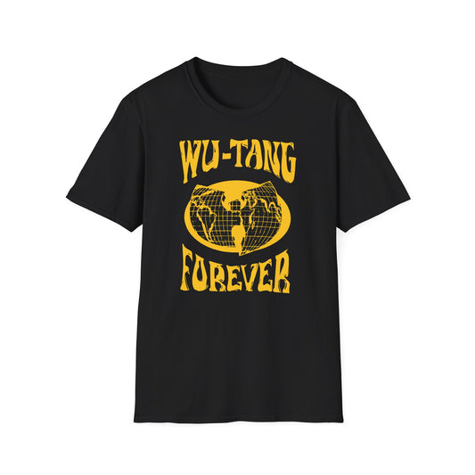Black t-shirt with yellow Wu-Tang Forever graphic and world map emblem.