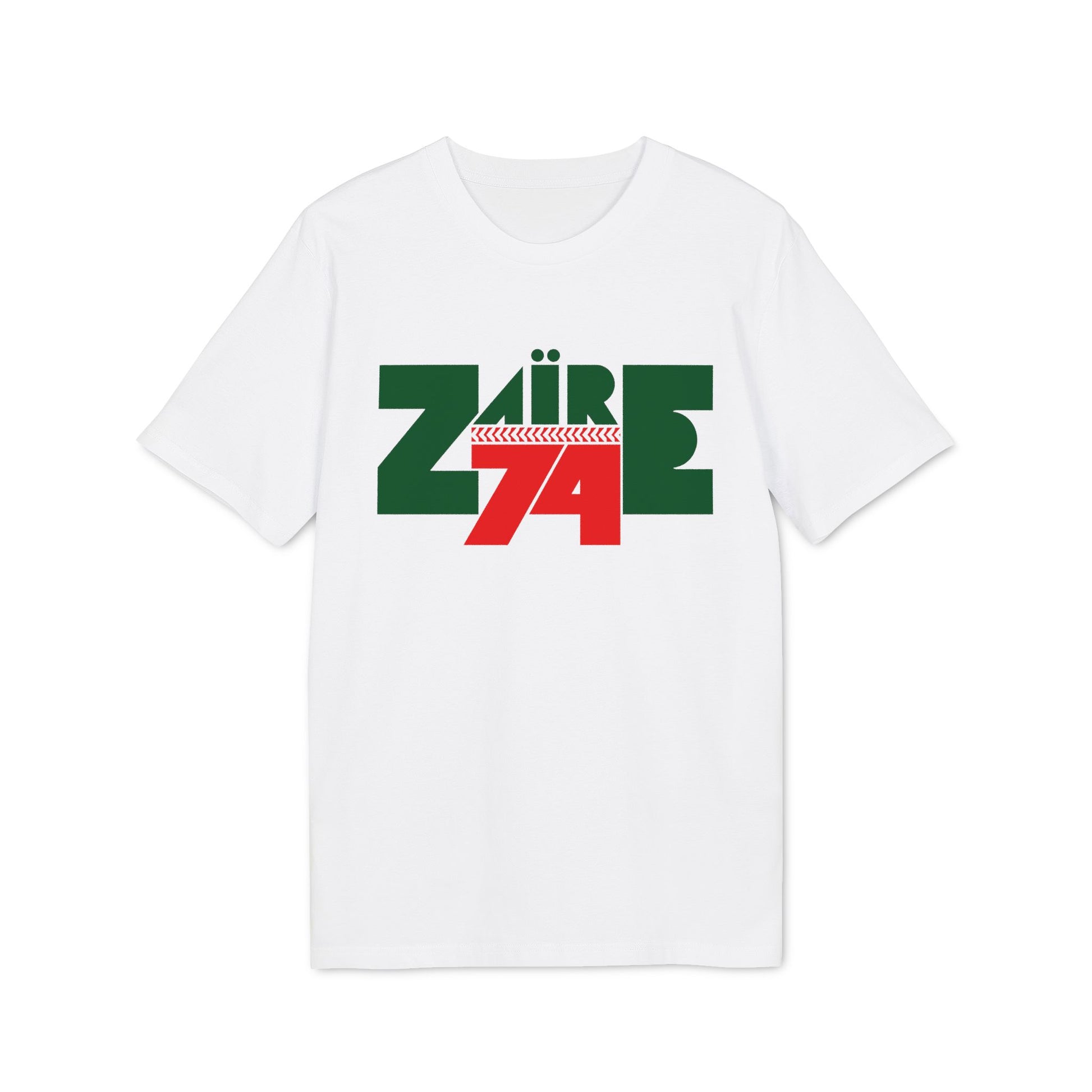 White t-shirt with green and red geometric logo reading "Zaire 74".