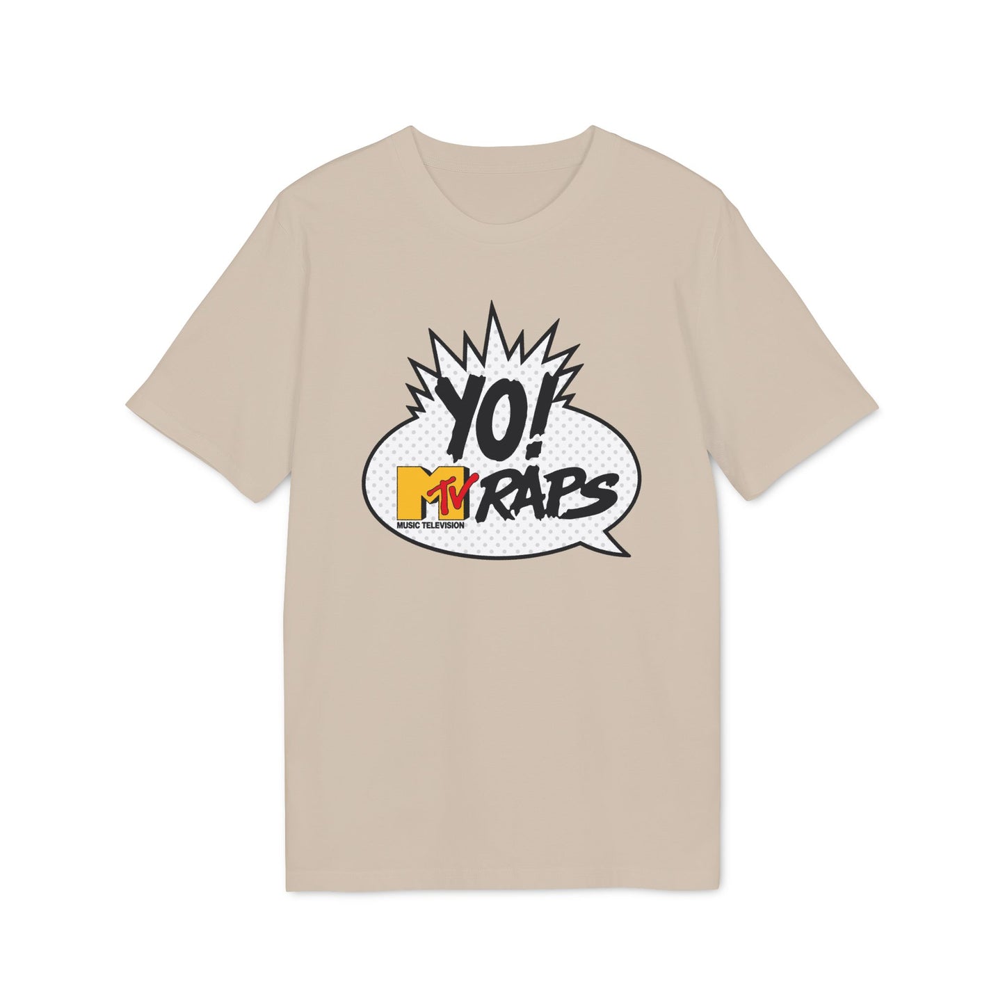 Tan t-shirt with a comic book style graphic for MTV Raps.