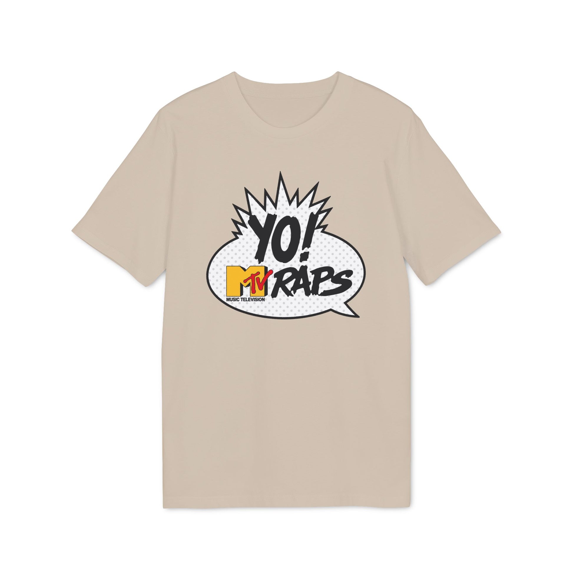 Tan t-shirt with a comic book style graphic for MTV Raps.