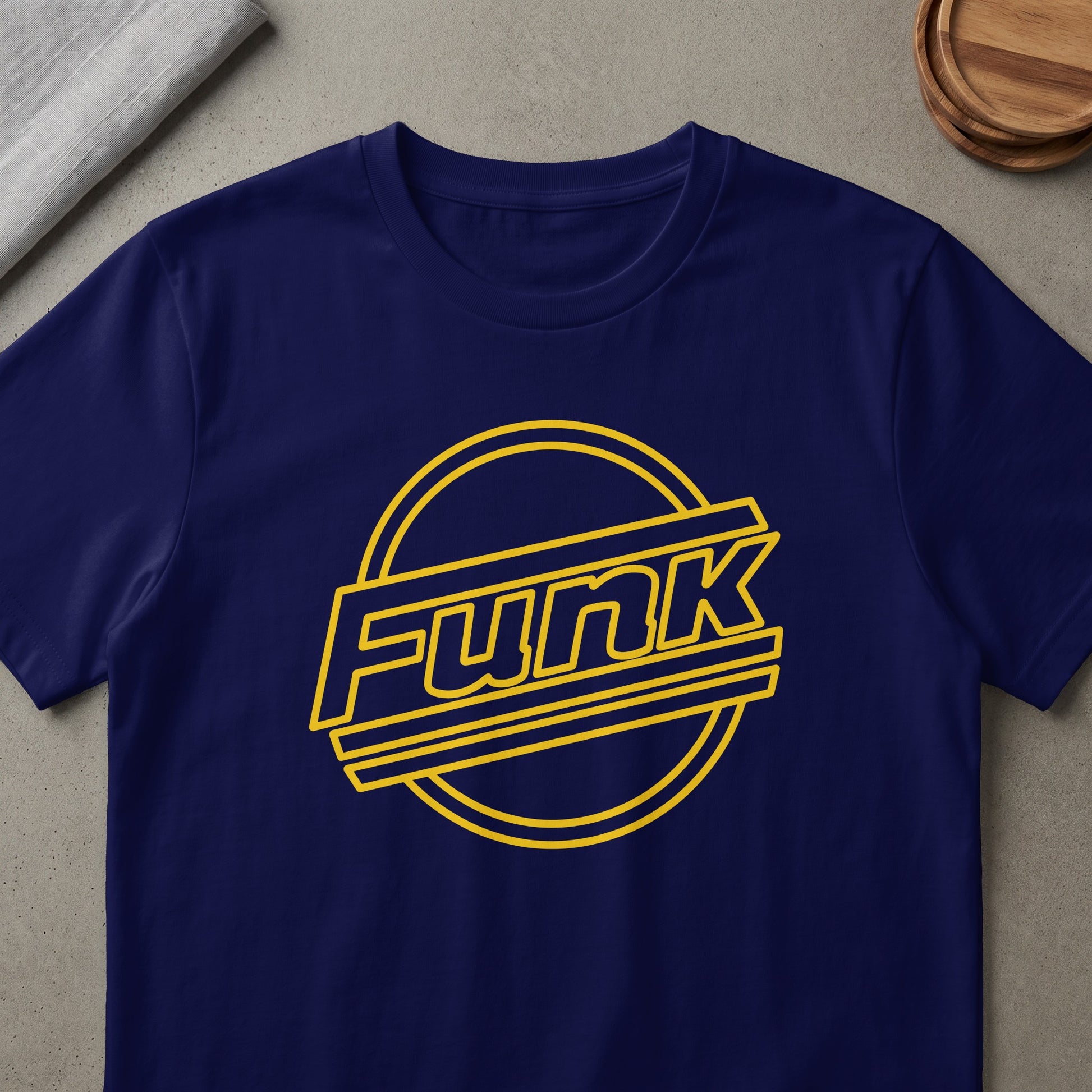 Navy t-shirt with yellow "Funk" text and circular graphic.