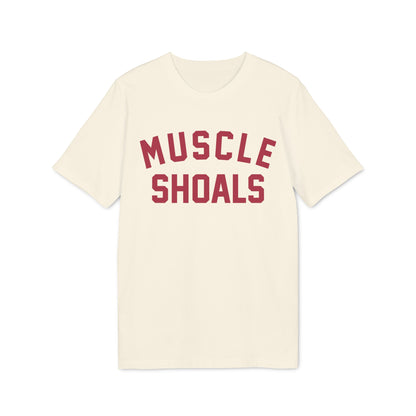 Cream t-shirt with dark red "Muscle Shoals" text.