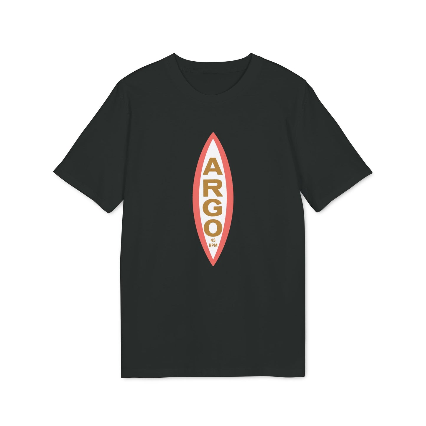 Black t-shirt with vertical "ARGO 45 RPM" text in a surfboard design.