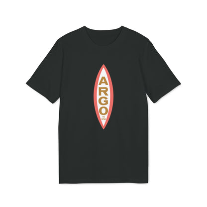 Black t-shirt with vertical "ARGO 45 RPM" text in a surfboard design.