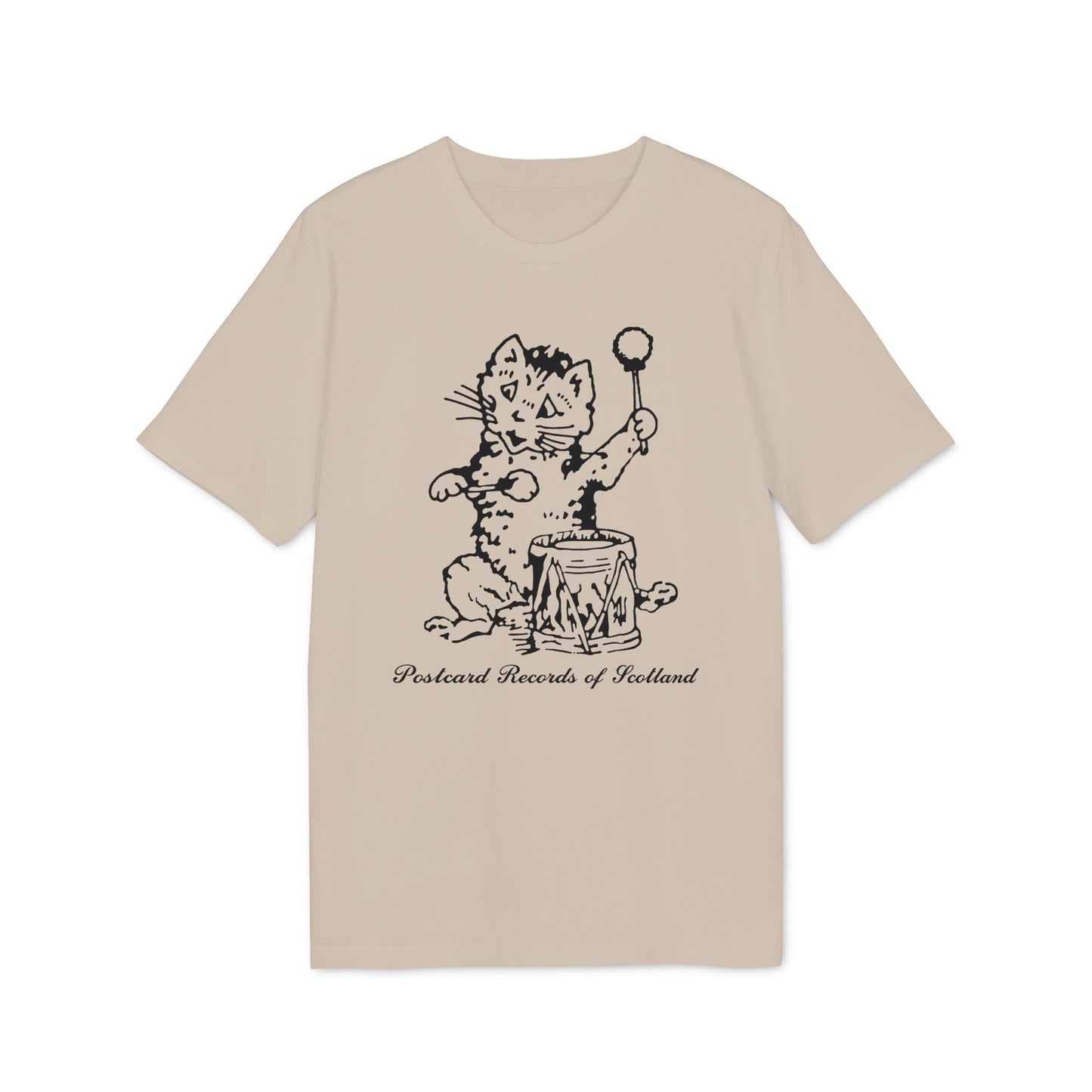 T-shirt with black line drawing of a cat playing a drum, text "Postcard Records of Scotland".