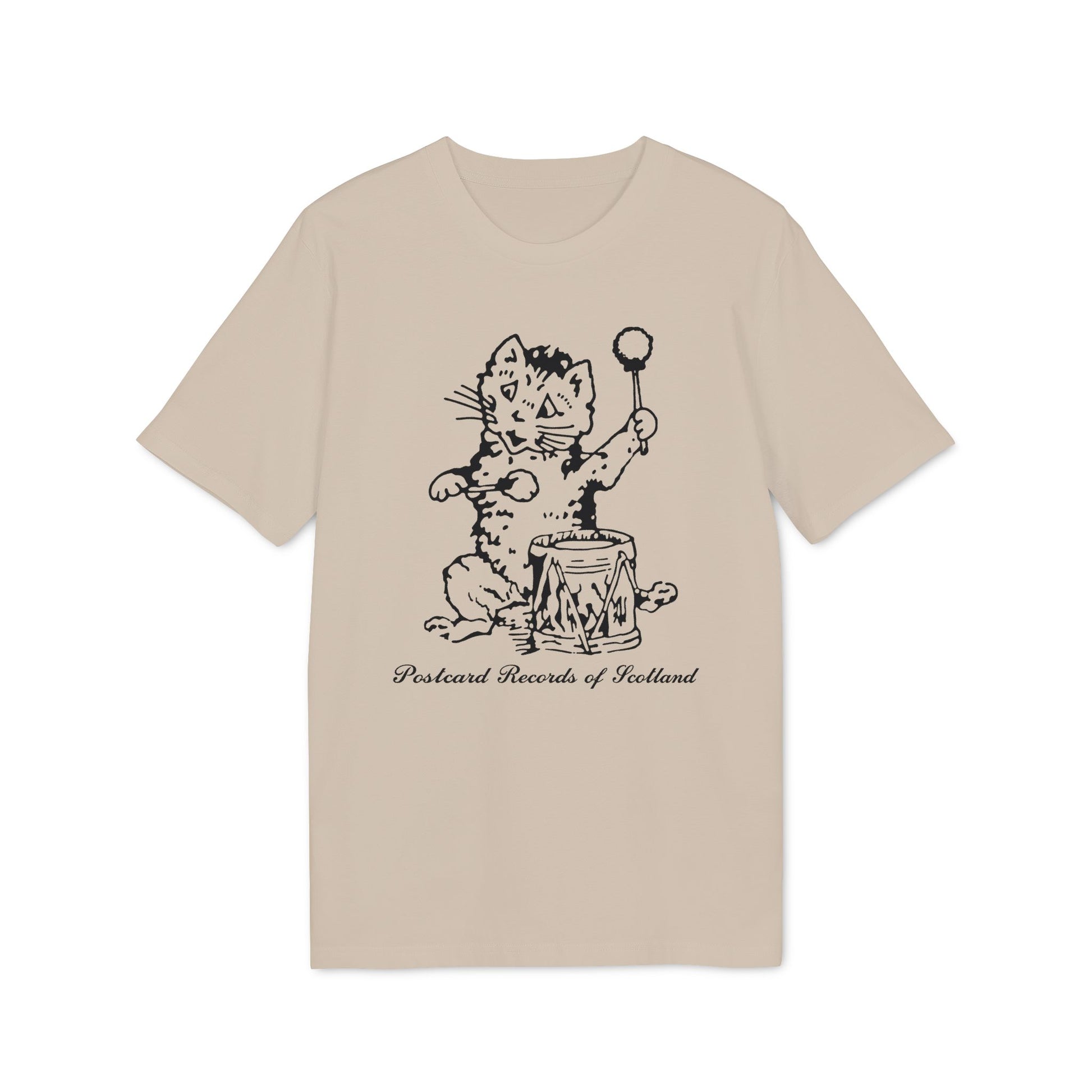 T-shirt with black line drawing of a cat playing a drum, text "Postcard Records of Scotland".