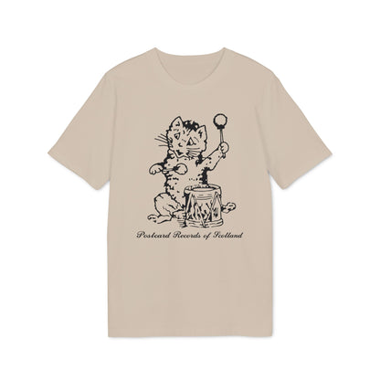 T-shirt with black line drawing of a cat playing a drum, text "Postcard Records of Scotland".