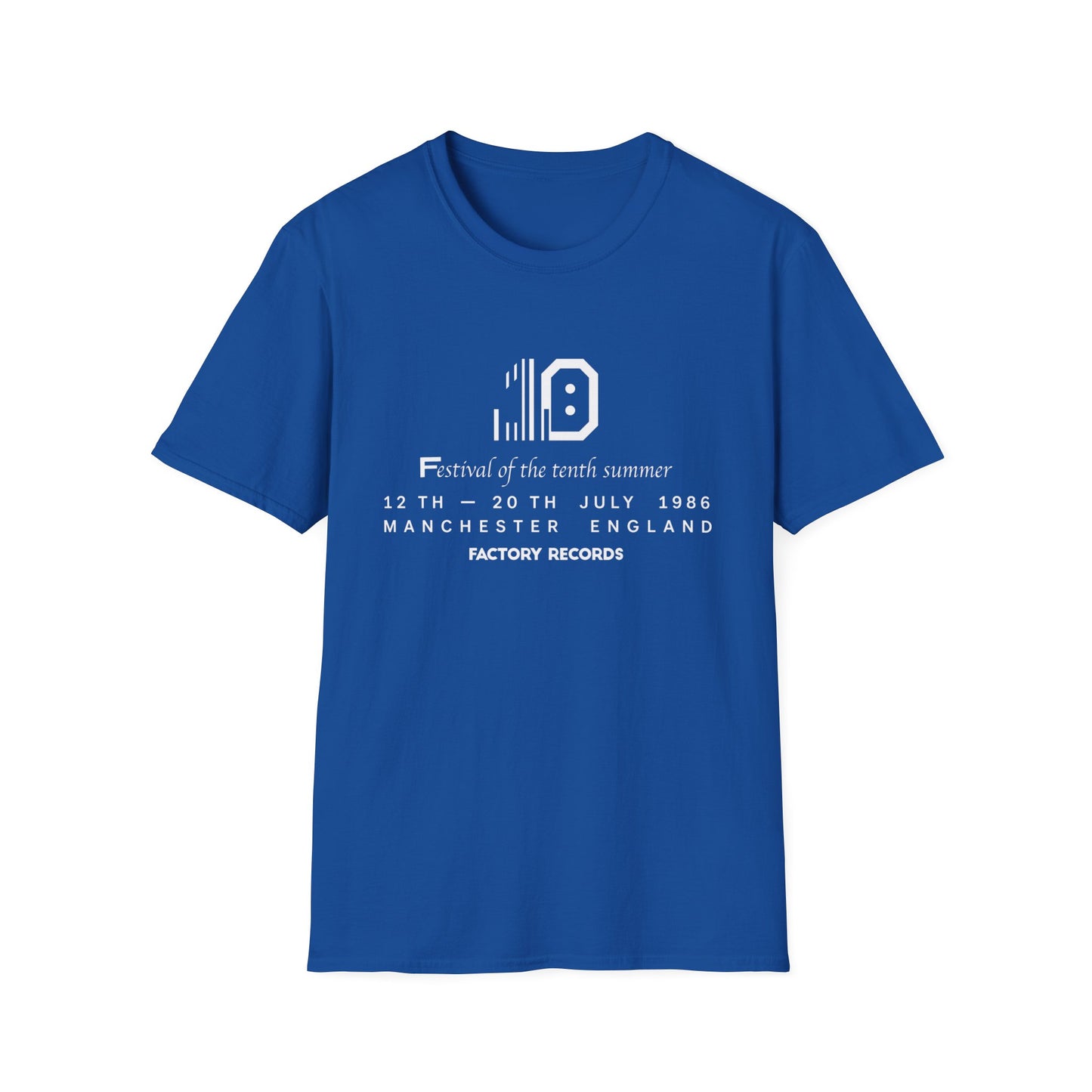 Blue t-shirt with Factory Records "Festival of the tenth summer" 1986 design.
