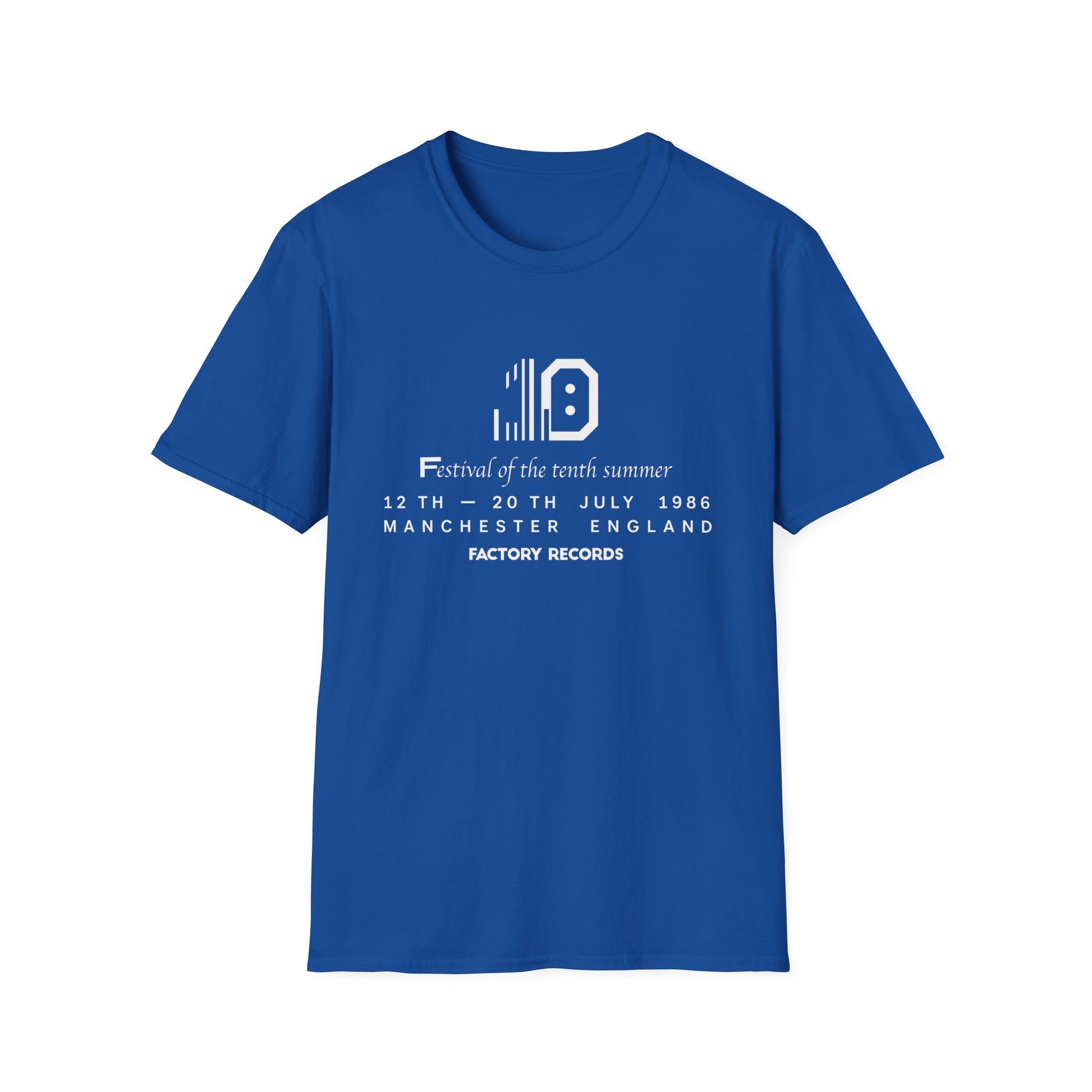 Blue t-shirt with Factory Records "Festival of the tenth summer" 1986 design.