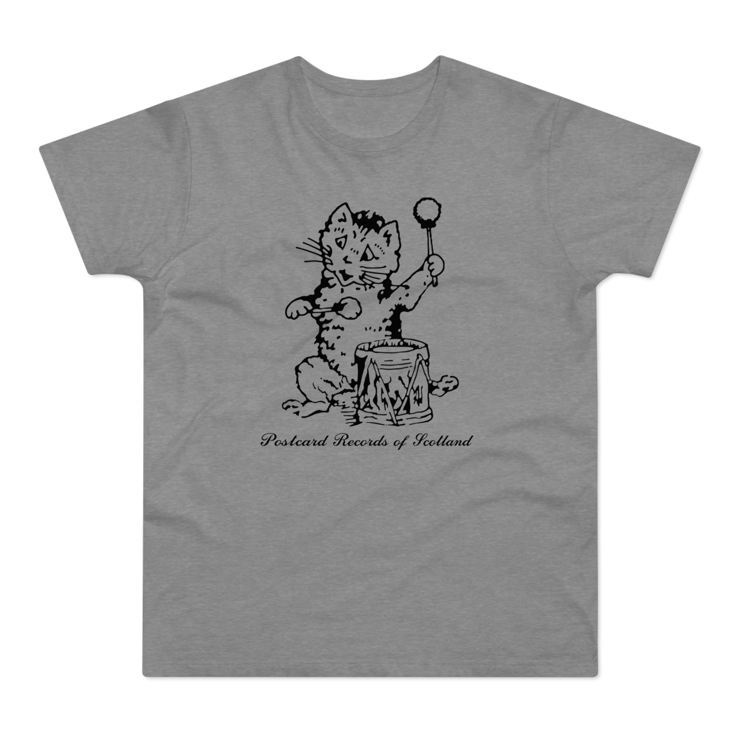 Black line drawing of a cat playing a drum under "Postcard Records of Scotland."