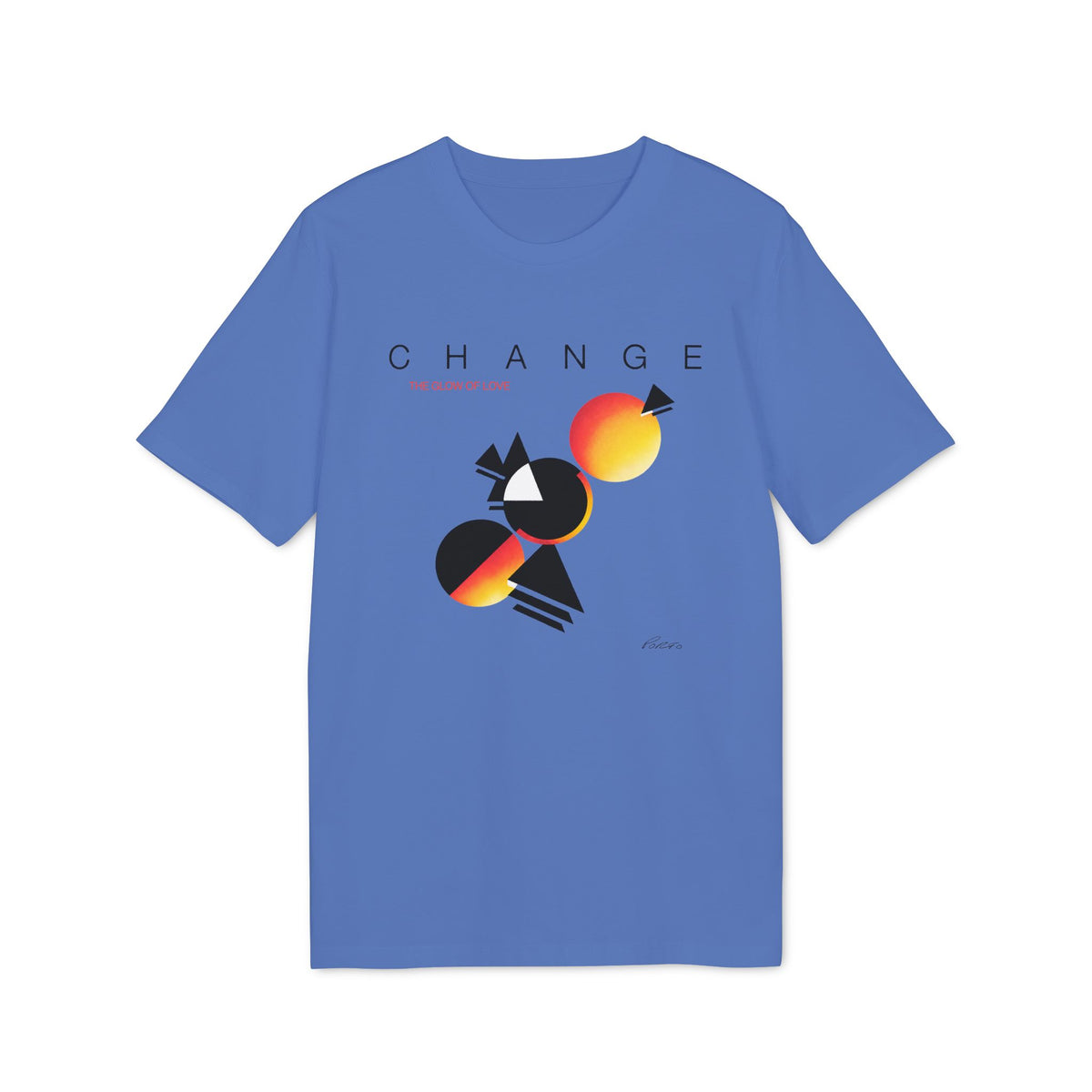 Blue t-shirt with the word "CHANGE" and abstract geometric shapes and circles.