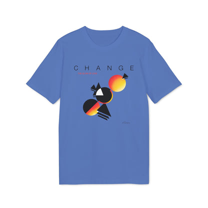 Blue t-shirt with the word "CHANGE" and abstract geometric shapes and circles.