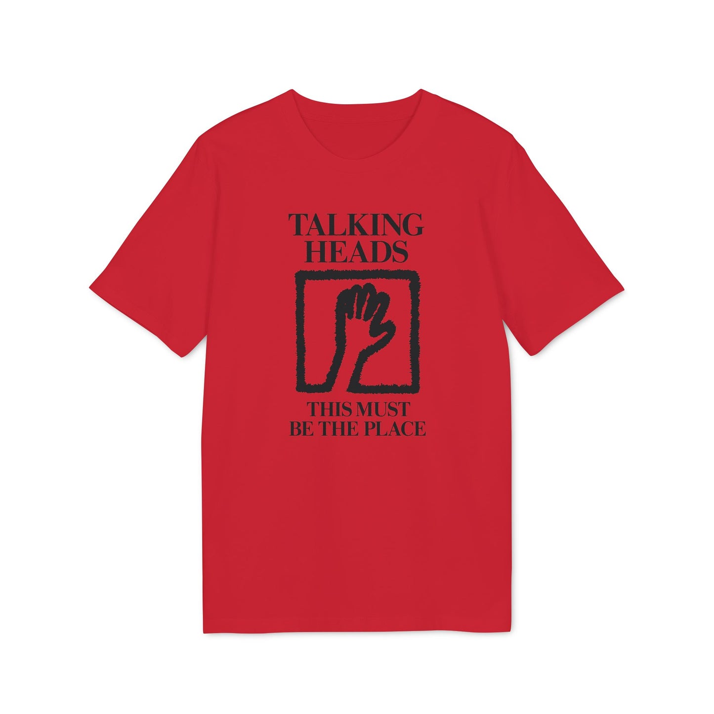 Red t-shirt with "Talking Heads This Must Be The Place" text and hand graphic.