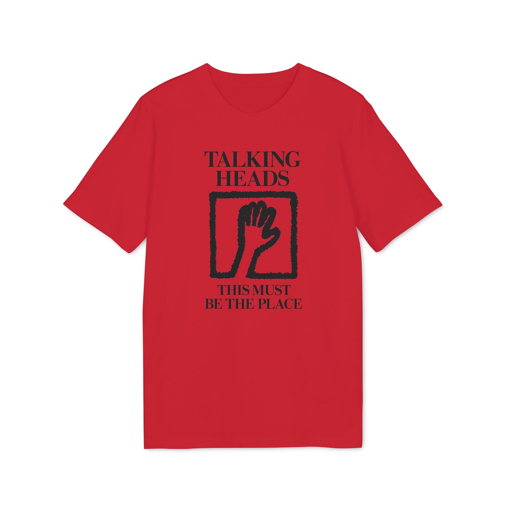 Red t-shirt with "Talking Heads This Must Be The Place" text and hand graphic.