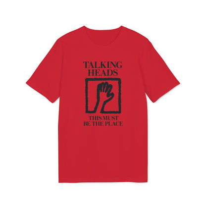 Red t-shirt with "Talking Heads This Must Be The Place" text and hand graphic.