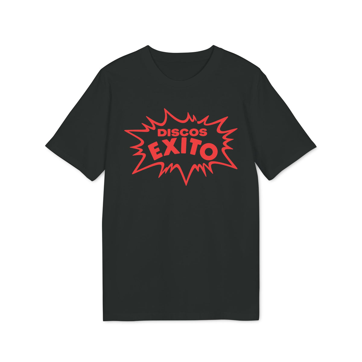 Black t-shirt with red "Discos Exito" comic-style graphic on chest.