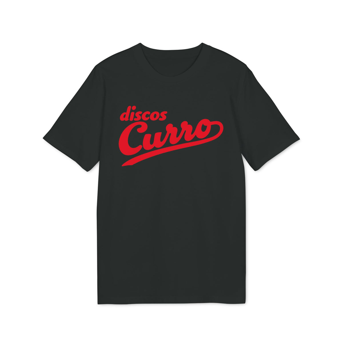 Black t-shirt with red "discos Curro" text logo.
