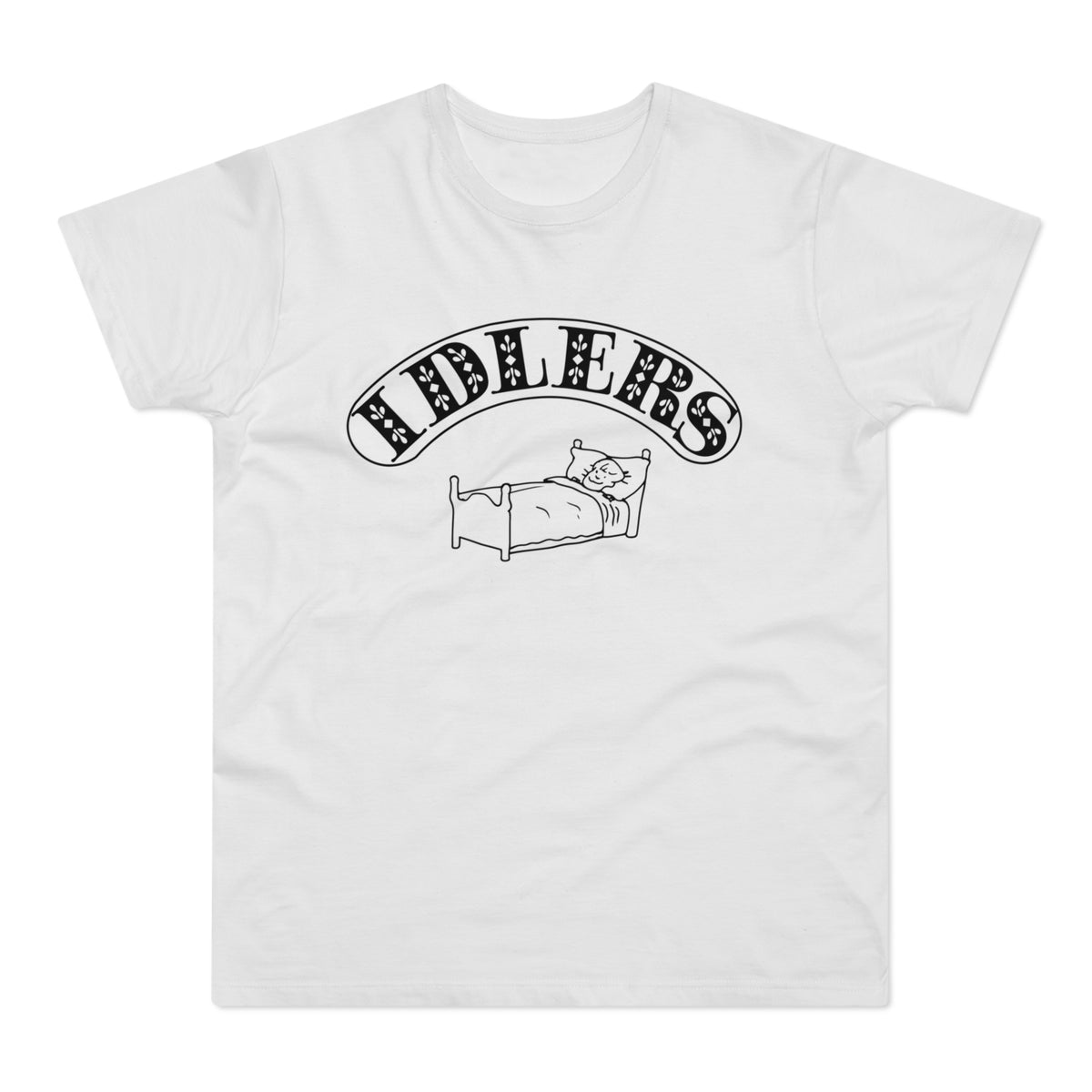 A white short-sleeved t-shirt featuring the word IDLERS in a curved, black, patterned font above a drawing of a person lying in bed.