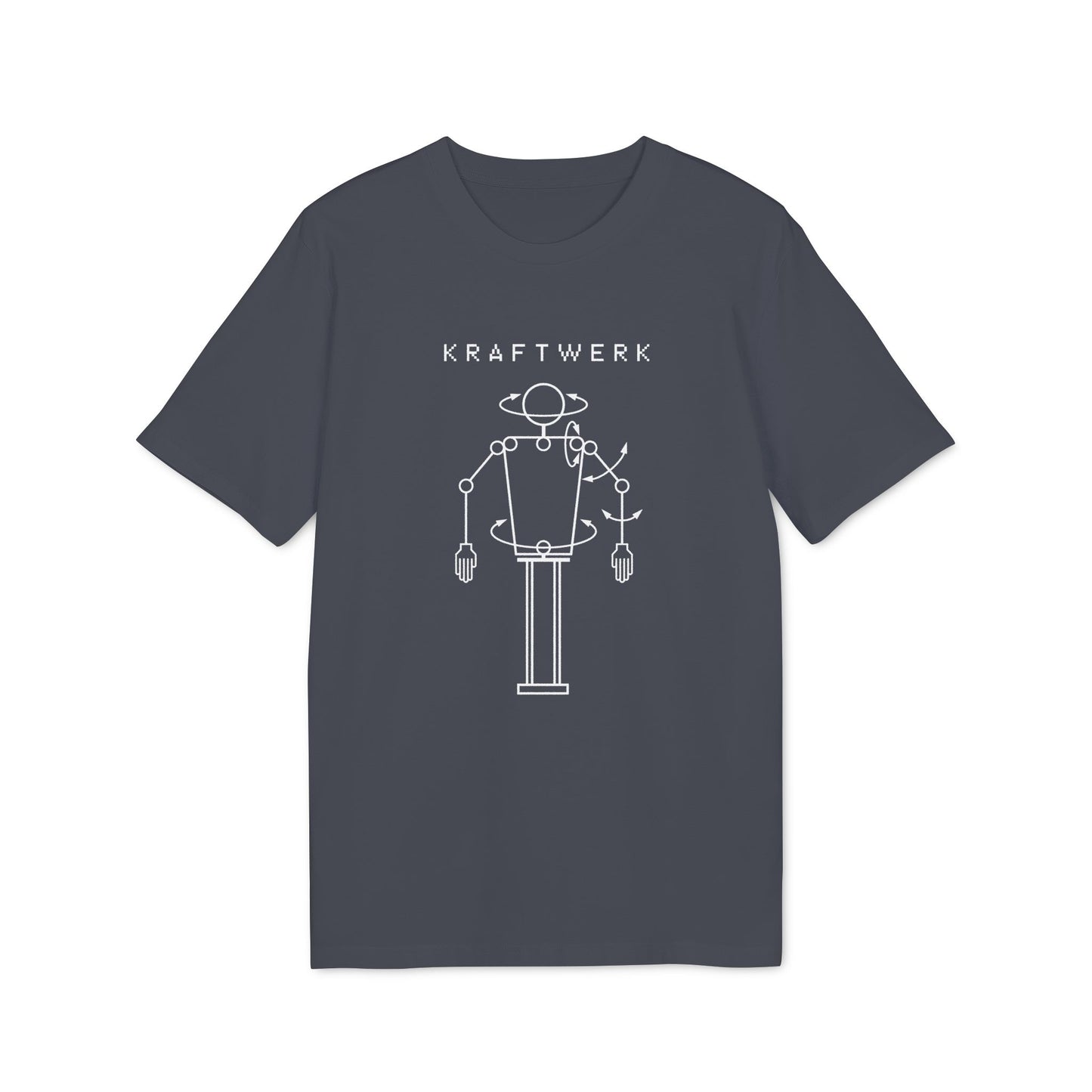 Dark grey t-shirt with white Kraftwerk text and robotic figure graphic.