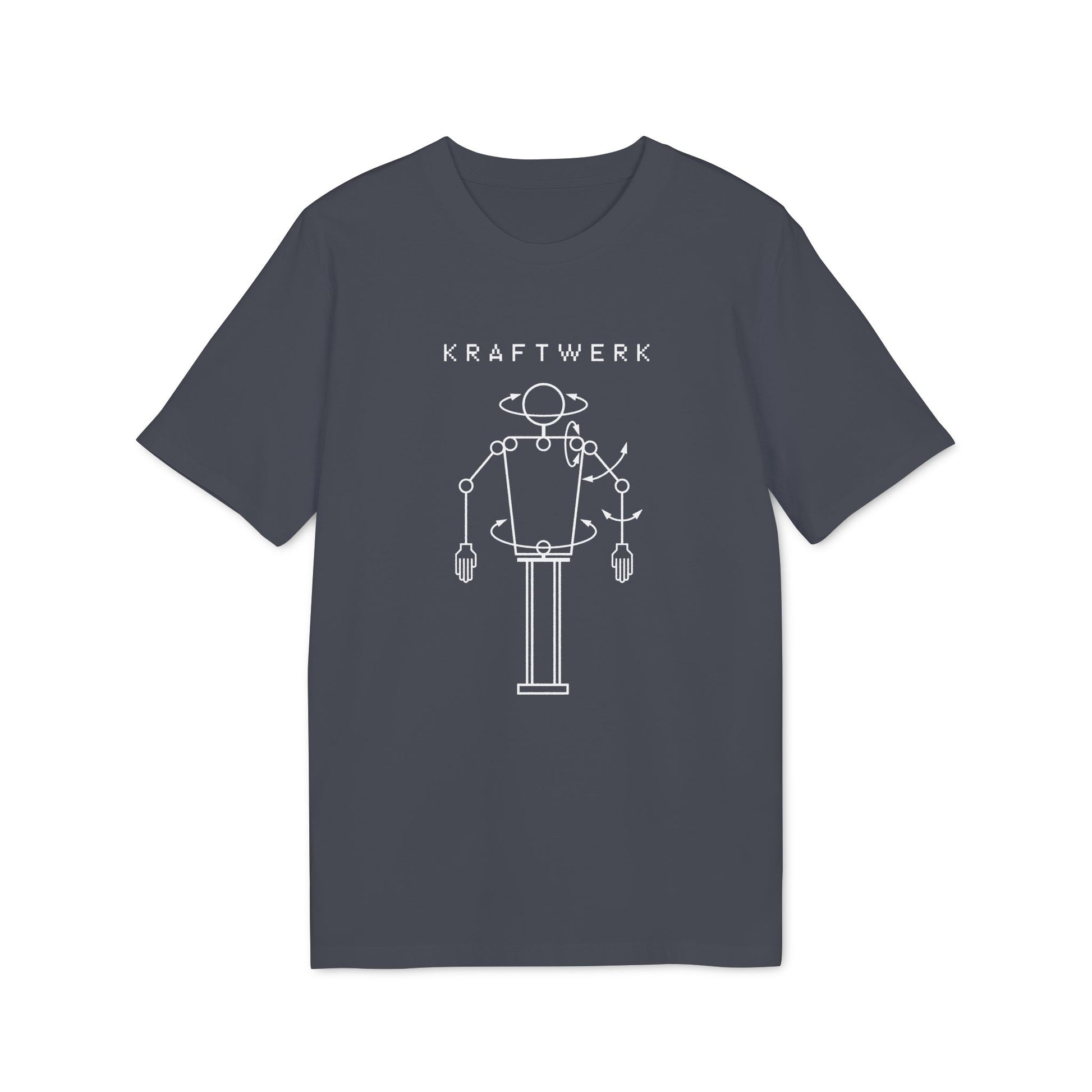 Dark grey t-shirt with white Kraftwerk text and robotic figure graphic.