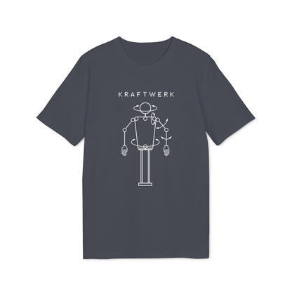 Dark grey t-shirt with white Kraftwerk text and robotic figure graphic.