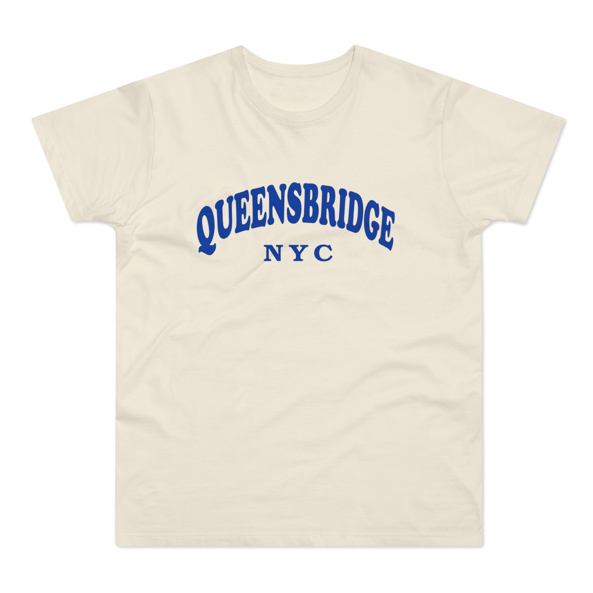 Cream t-shirt with blue "QUEENSBRIDGE NYC" text arched across the chest.