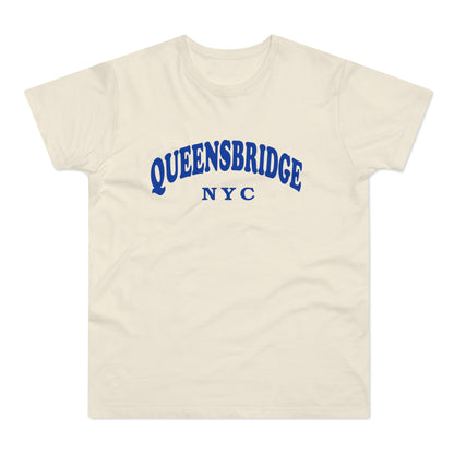 Cream t-shirt with blue "QUEENSBRIDGE NYC" text arched across the chest.