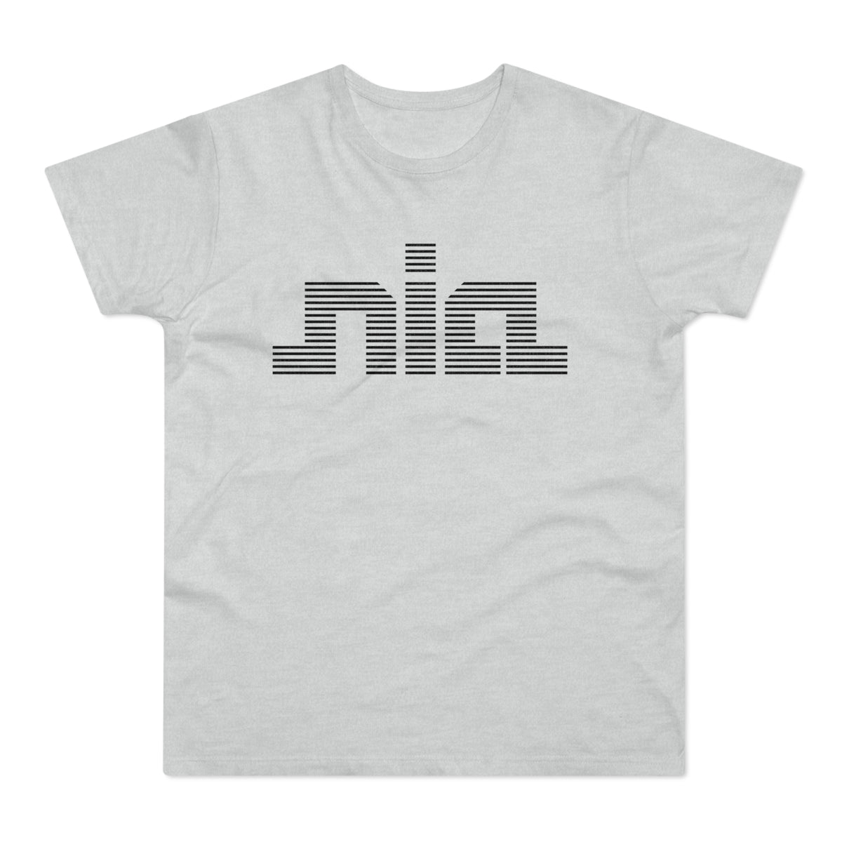 Light grey t-shirt with black striped text spelling "nia" across the chest.