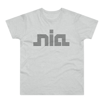 Light grey t-shirt with black striped text spelling "nia" across the chest.