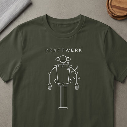 Kraftwerk logo and robotic diagram on a dark green t-shirt.