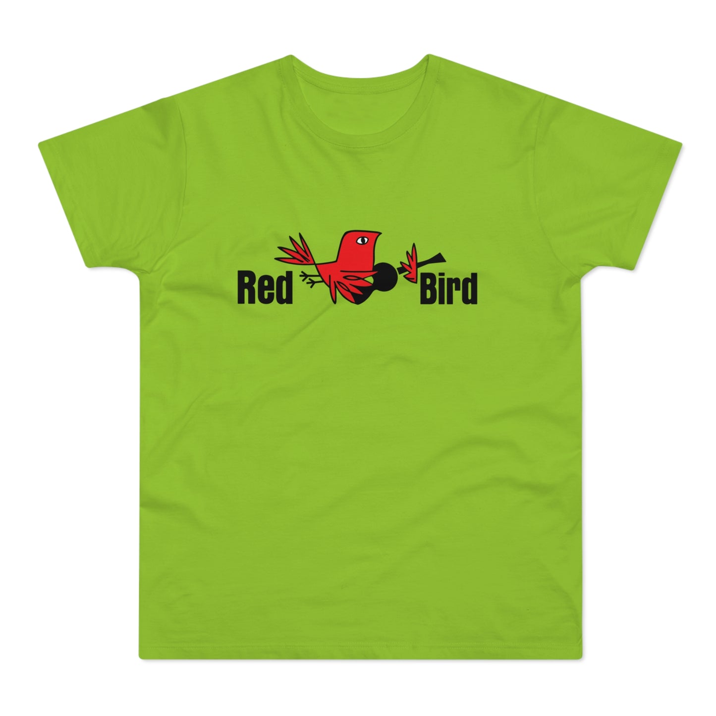 Green t-shirt with "Red Bird" text and a cartoon red bird holding a black object.