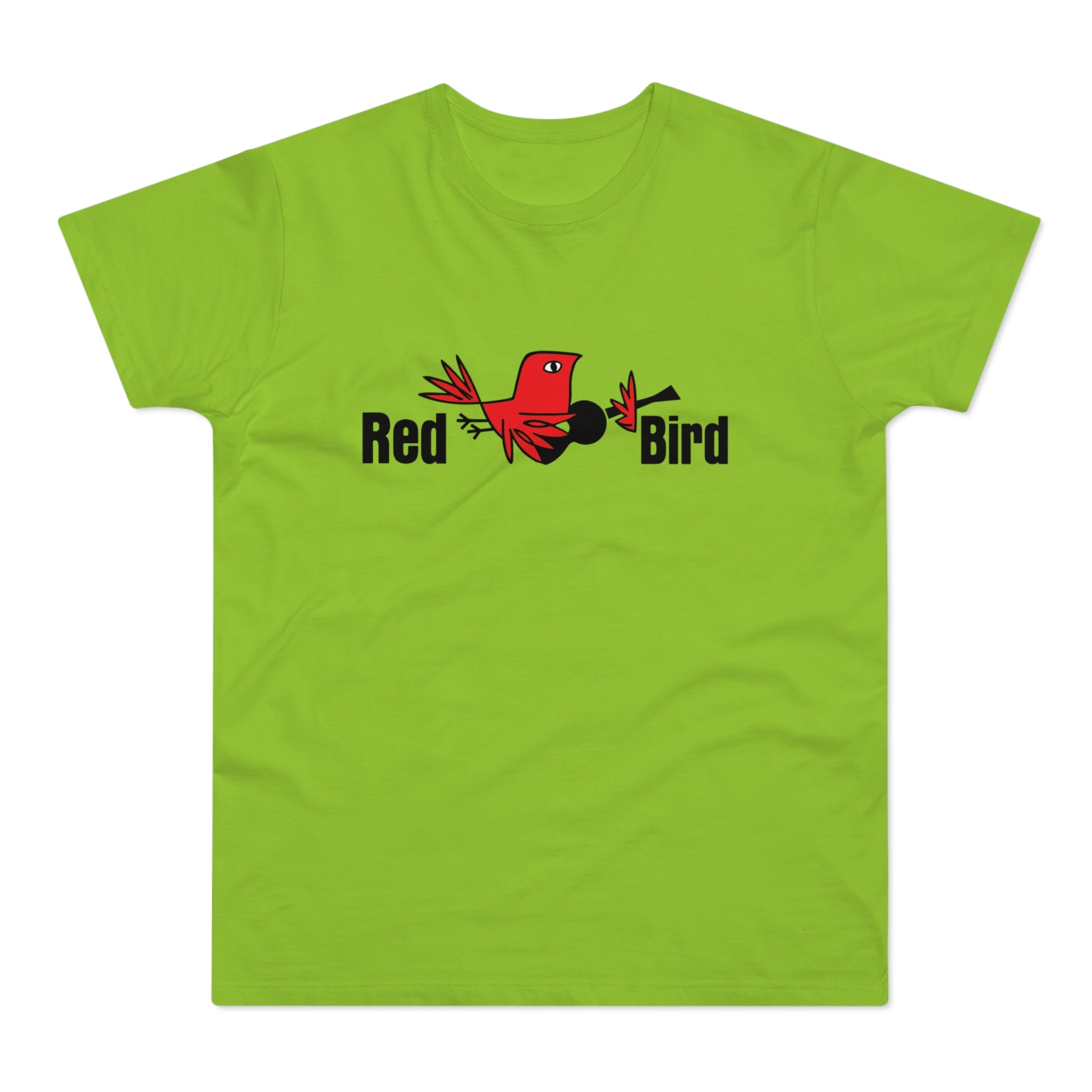 Green t-shirt with "Red Bird" text and a cartoon red bird holding a black object.