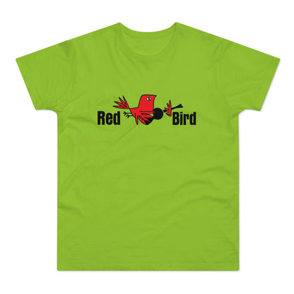 Green t-shirt with "Red Bird" text and a cartoon red bird holding a black object.