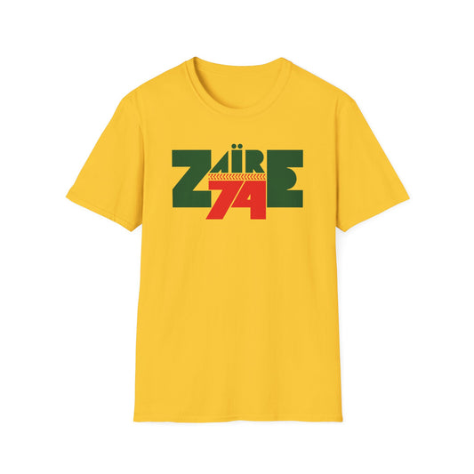 Yellow t-shirt with green and red "Zaire 74" graphic in bold lettering.