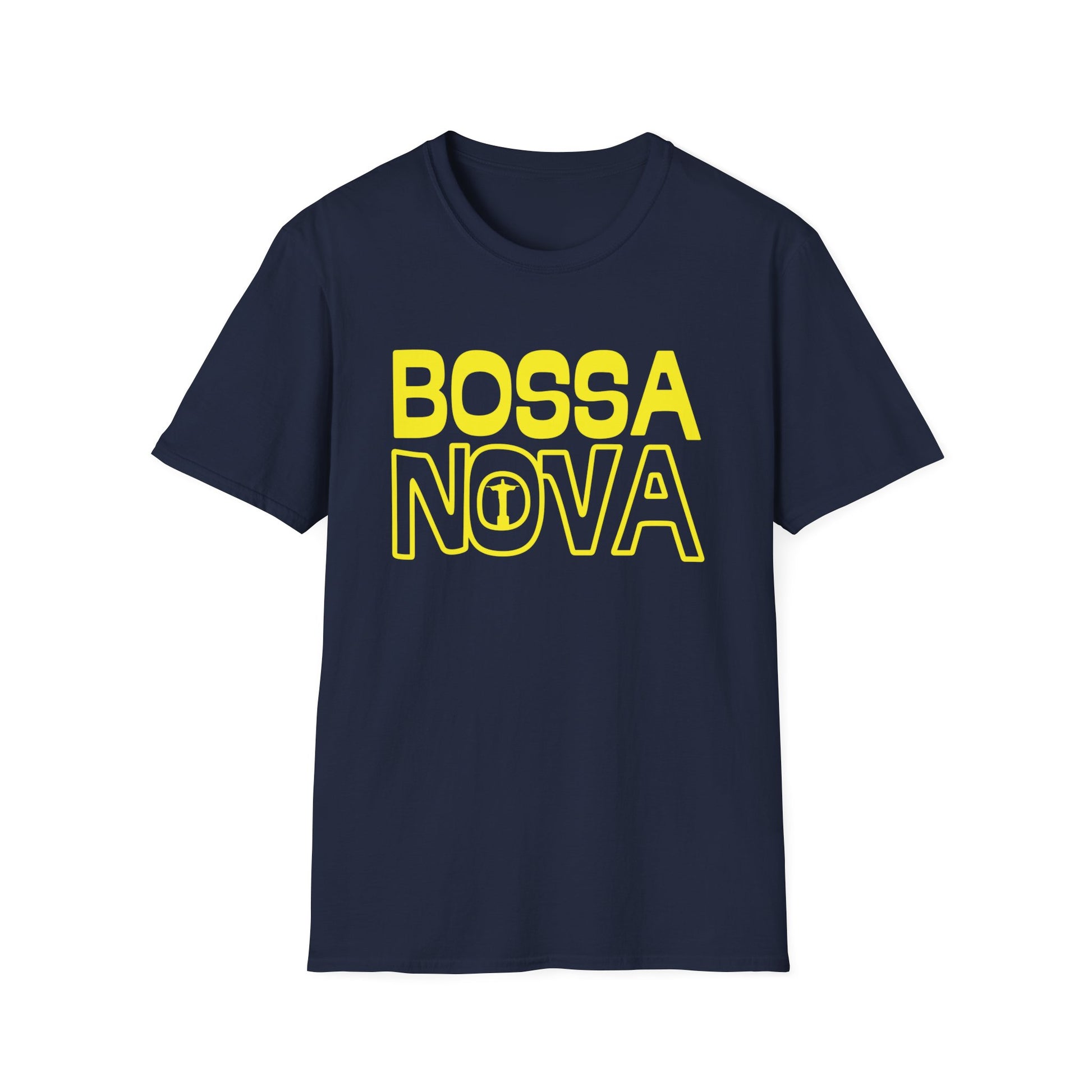 Navy t-shirt with yellow text that reads "BOSSA NOVA" and a symbol of Christ the Redeemer.