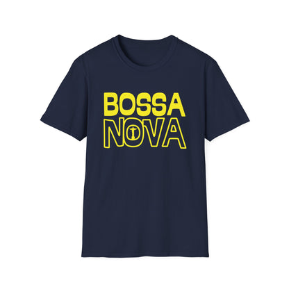 Navy t-shirt with yellow text that reads "BOSSA NOVA" and a symbol of Christ the Redeemer.