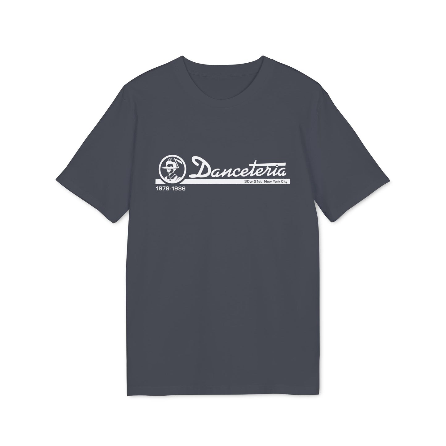 Dark gray t-shirt with white Danceteria logo, 1979-1986, and 30w 21st NYC.