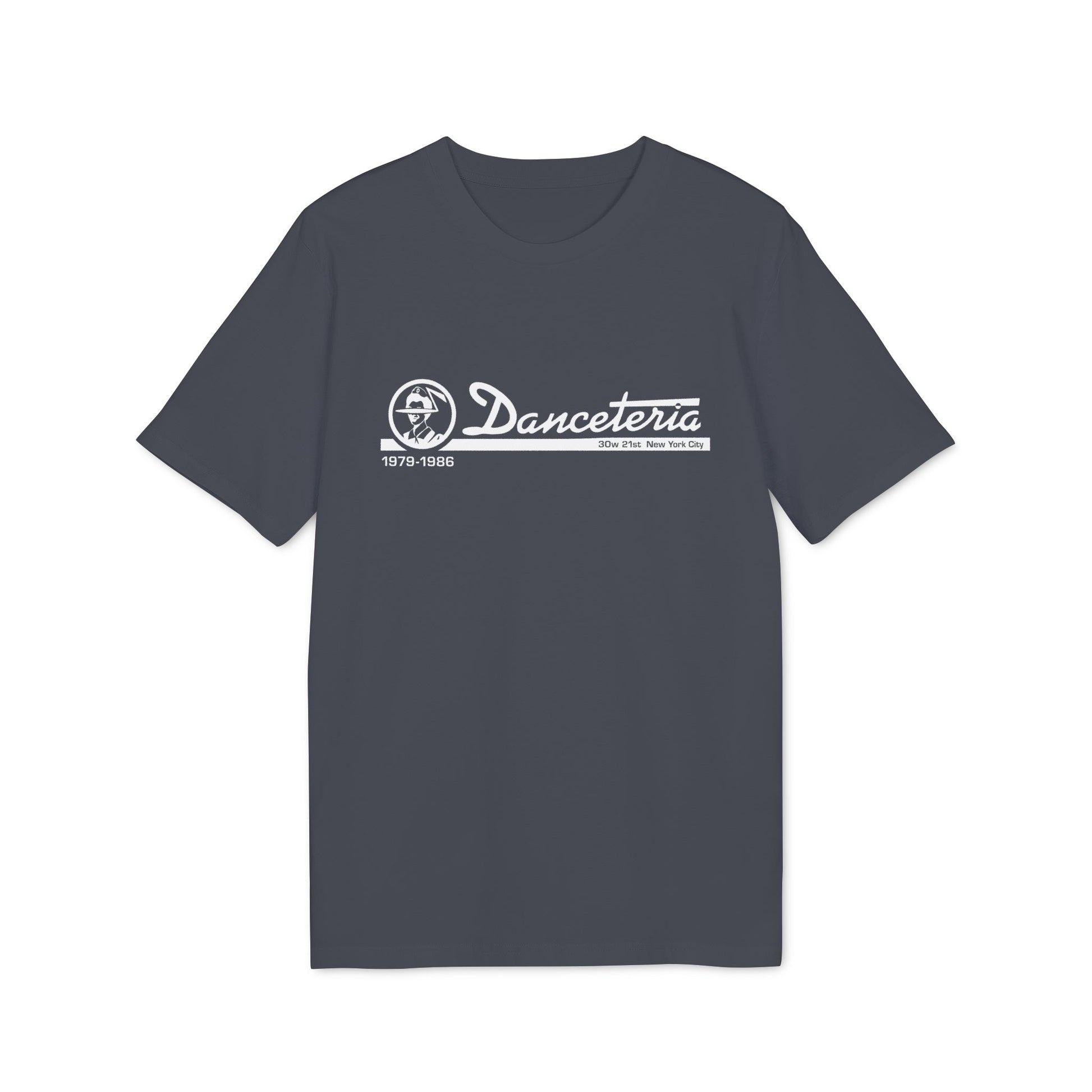 Dark gray t-shirt with white Danceteria logo, 1979-1986, and 30w 21st NYC.