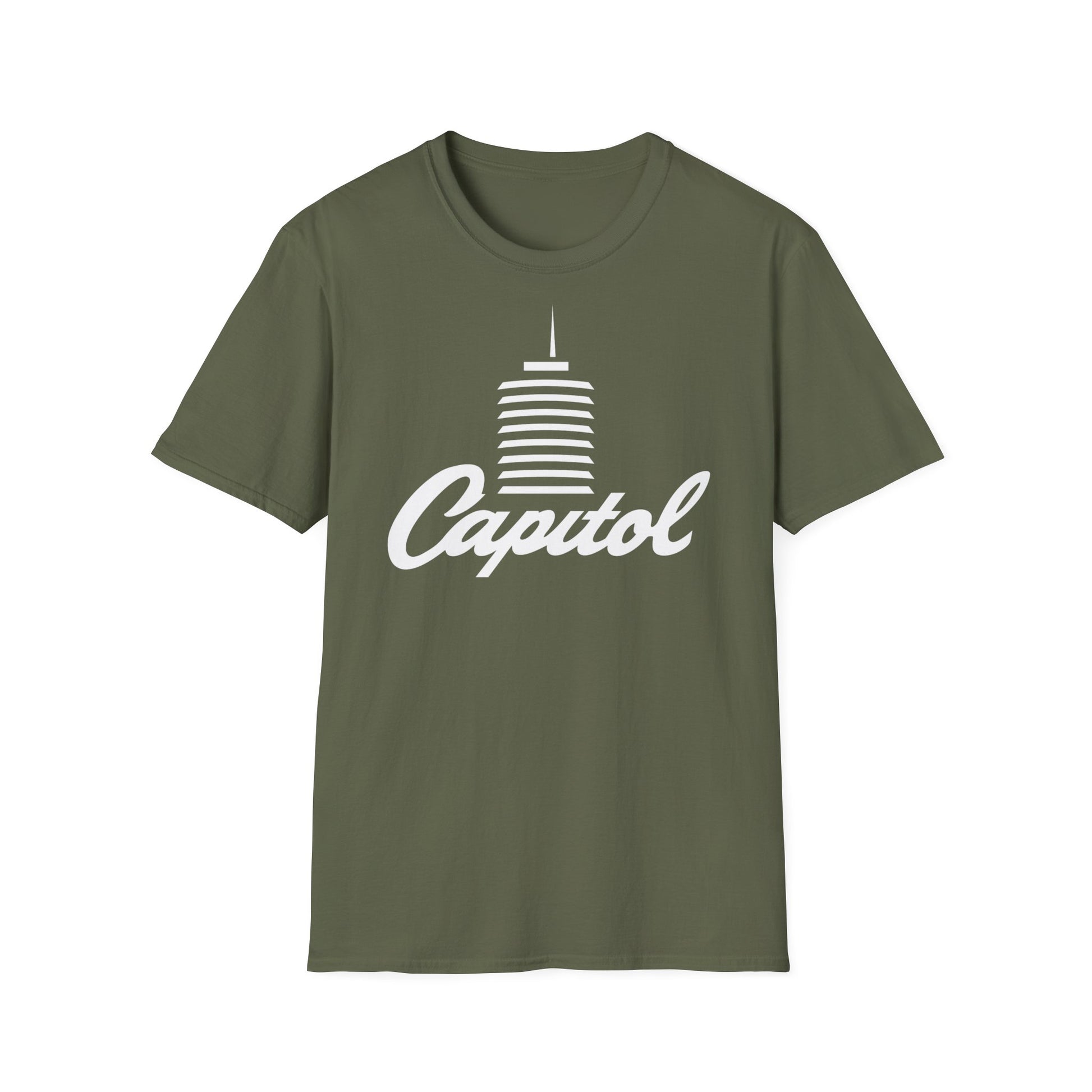 Olive green t-shirt with white Capitol building graphic and text.