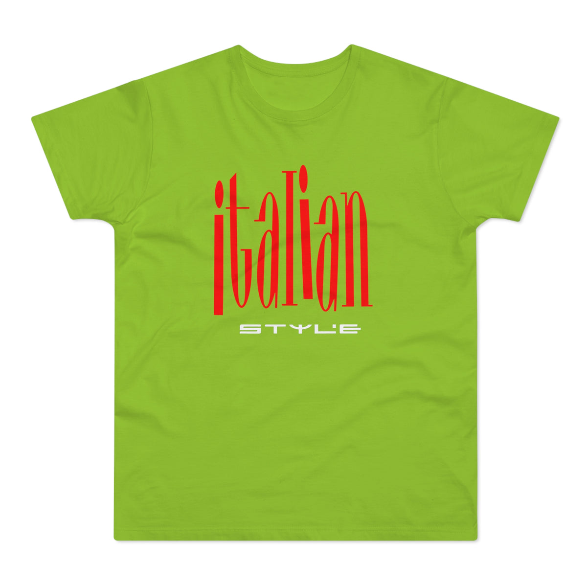 Lime green t-shirt with red "Italian" text and white "STYLE" text.