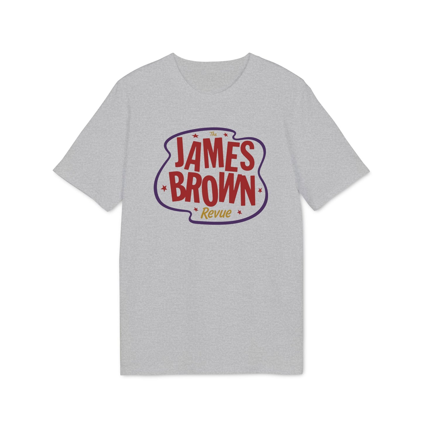 Grey t-shirt with "The James Brown Revue" text graphic.