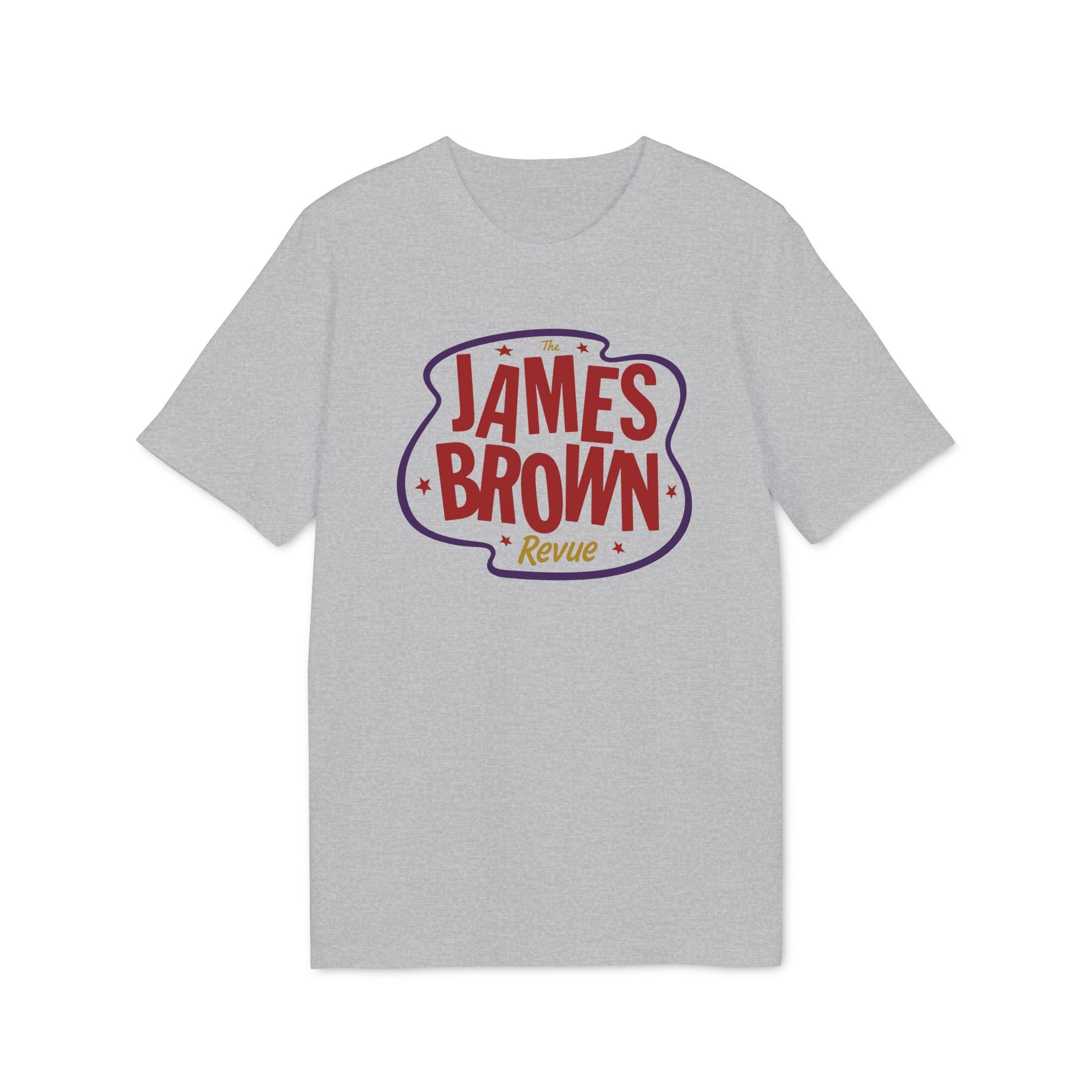 Grey t-shirt with "The James Brown Revue" text graphic.