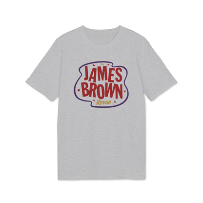 Grey t-shirt with "The James Brown Revue" text graphic.