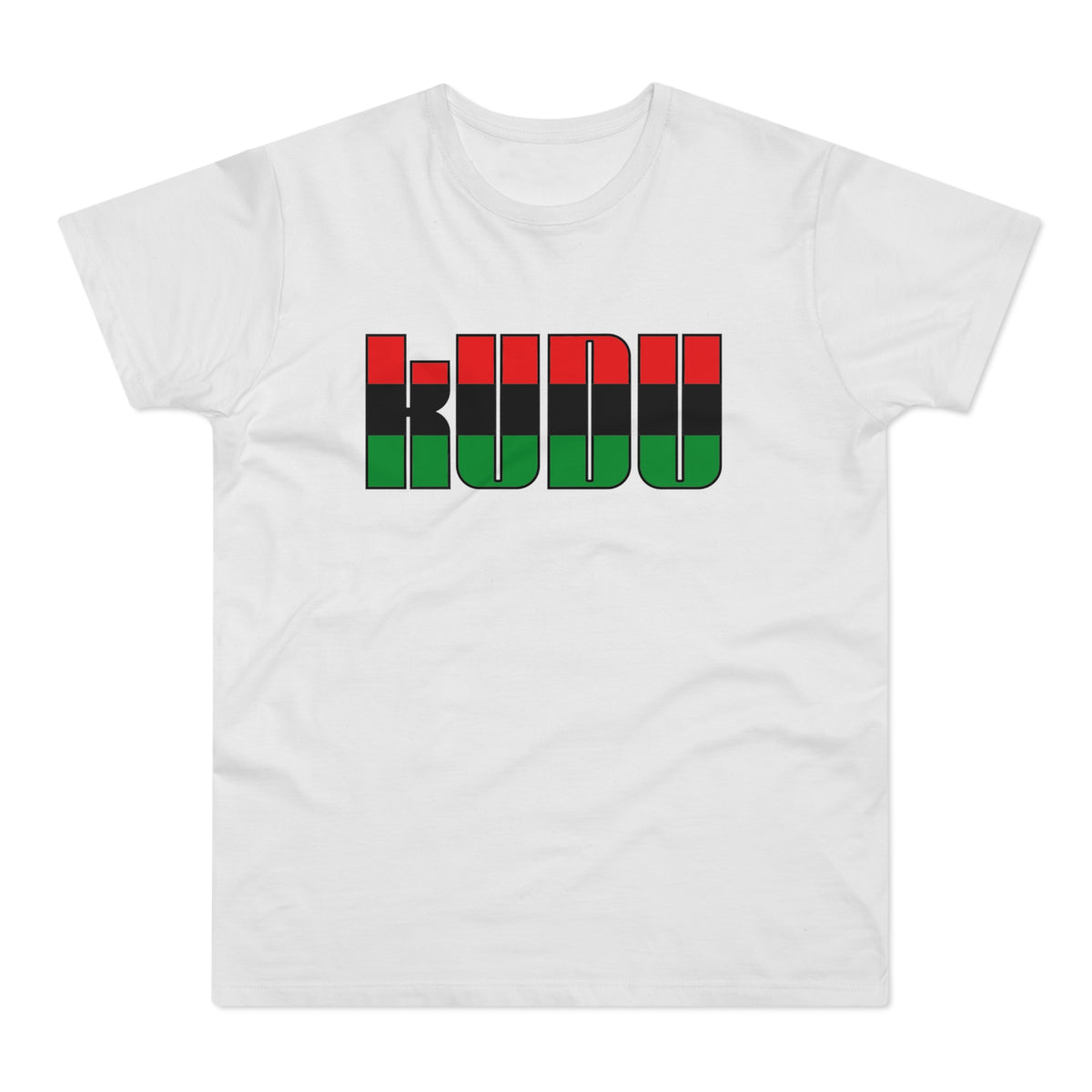 White t-shirt with black outline text "KUUDU" in red, black, and green stripes.