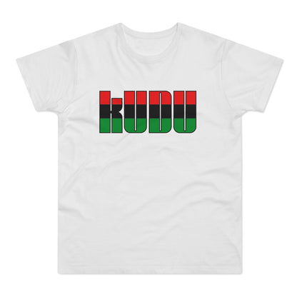 White t-shirt with black outline text "KUUDU" in red, black, and green stripes.