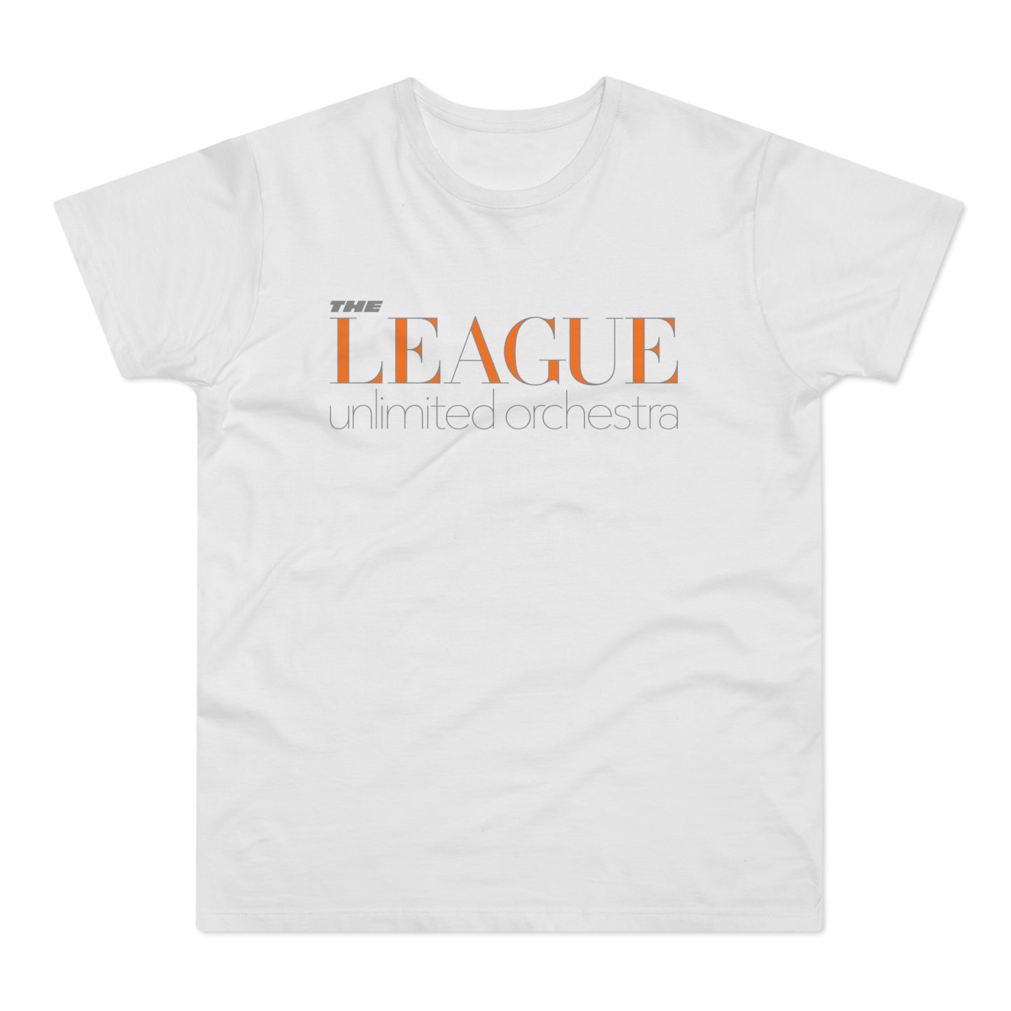 White t-shirt with orange and grey text "THE LEAGUE unlimited orchestra"