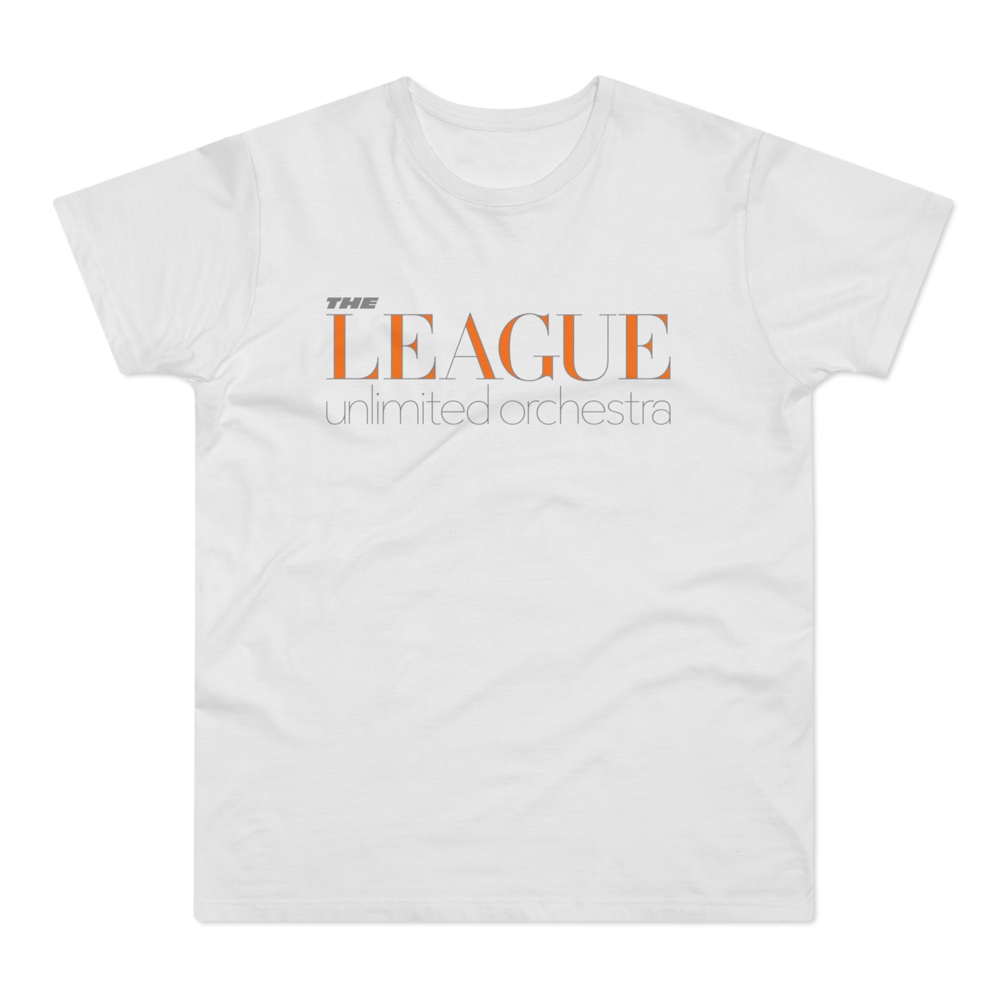 White t-shirt with orange and grey text "THE LEAGUE unlimited orchestra"