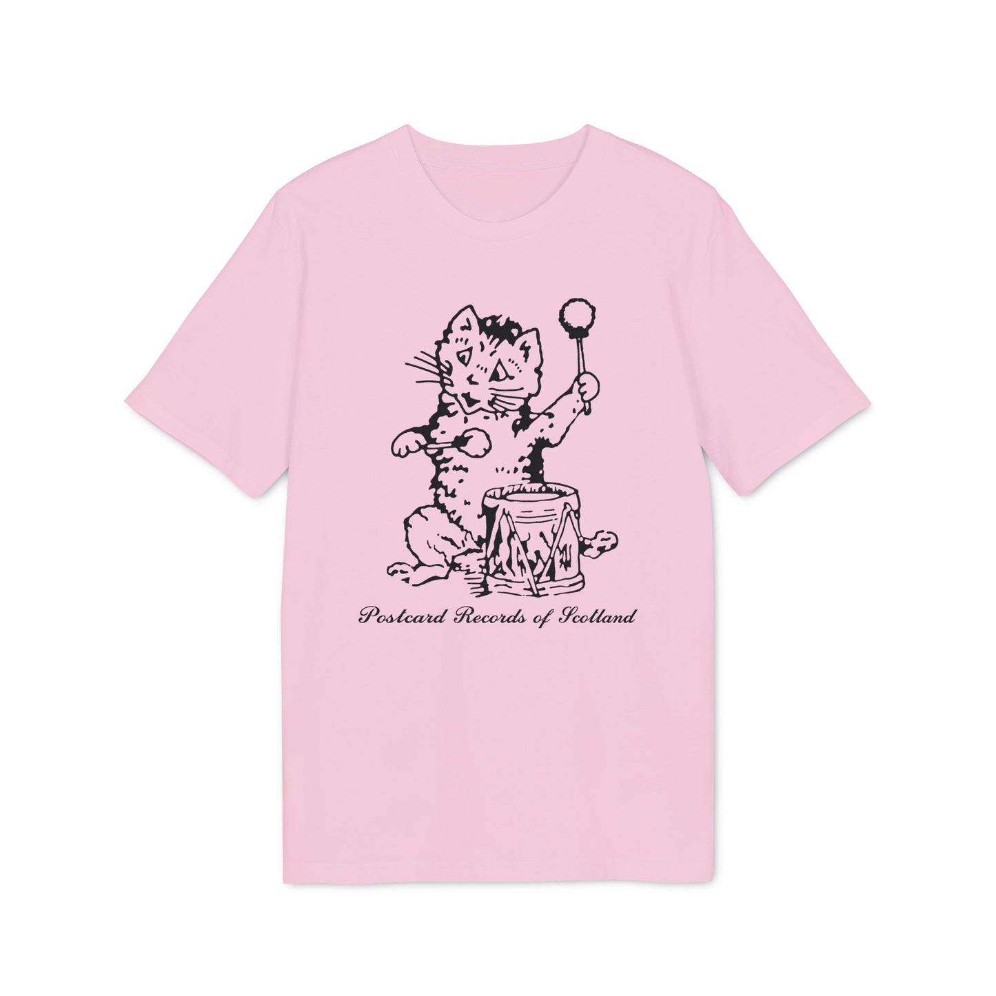 Pink t-shirt with a black illustration of a cat playing a drum, text reads "Postcard Records of Scotland".